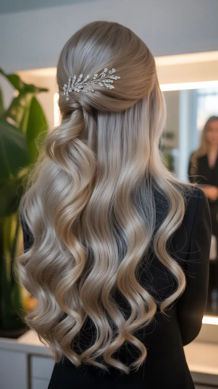 Modern wavy hairstyles 2026 Classic Blonde Waves with Crystal Accent