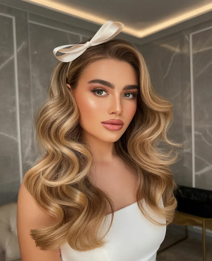 Modern wavy hairstyles 2026 Polished Retro Waves with Satin Bow Detail