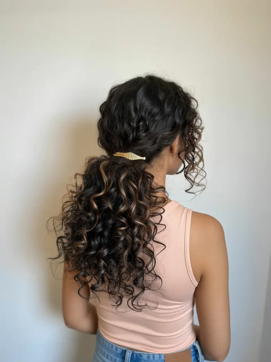 Modern wavy hairstyles 2026 Curly Ponytail Waves with Braided Crown Detail