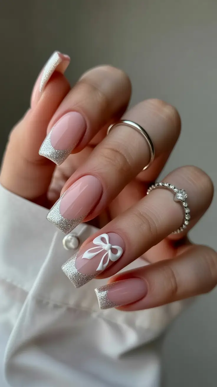 nails design 2026 Silver French Elegance With a Soft Nude Glow