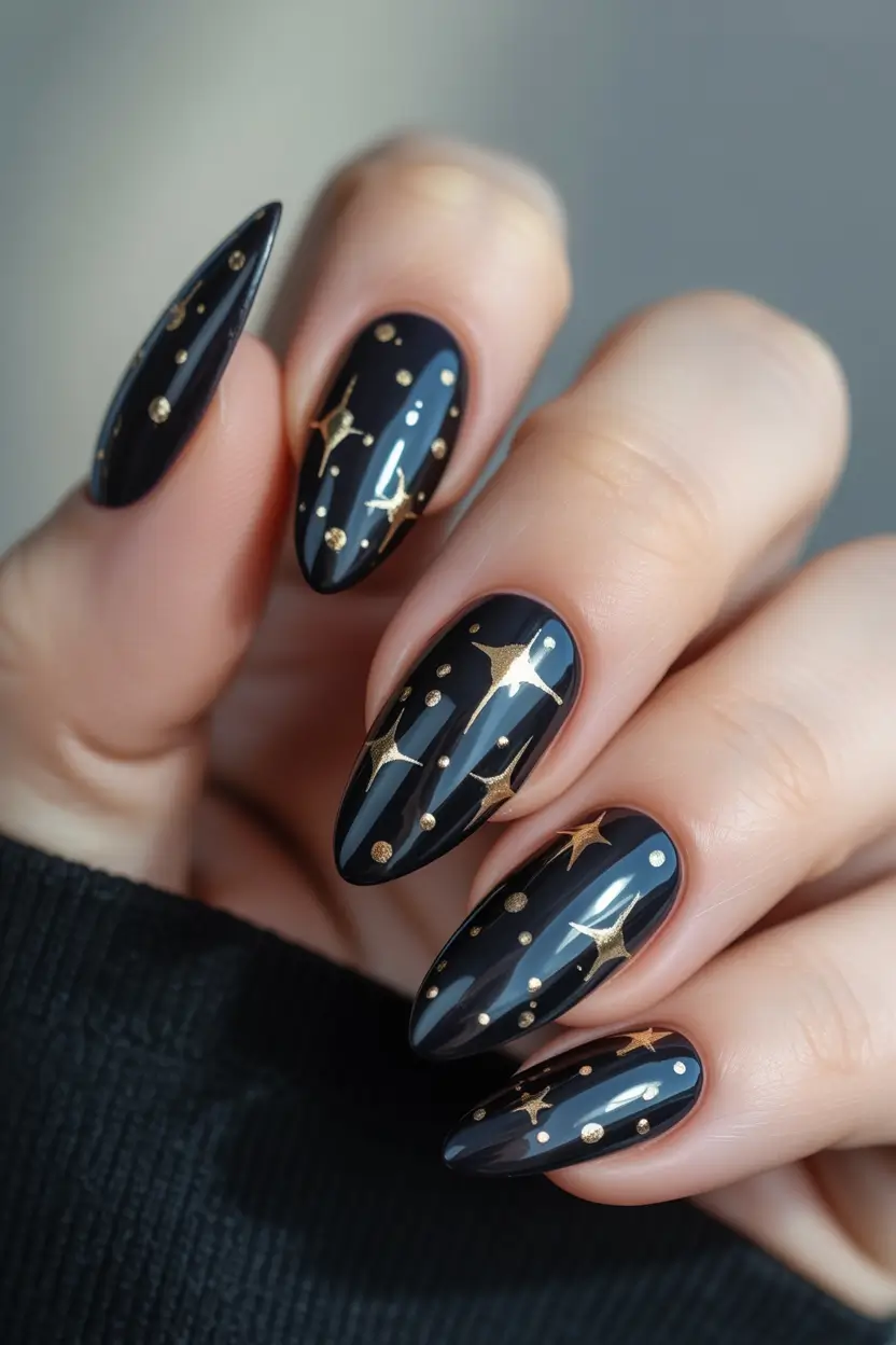 nails design 2026 Golden Stars on Cosmic Black