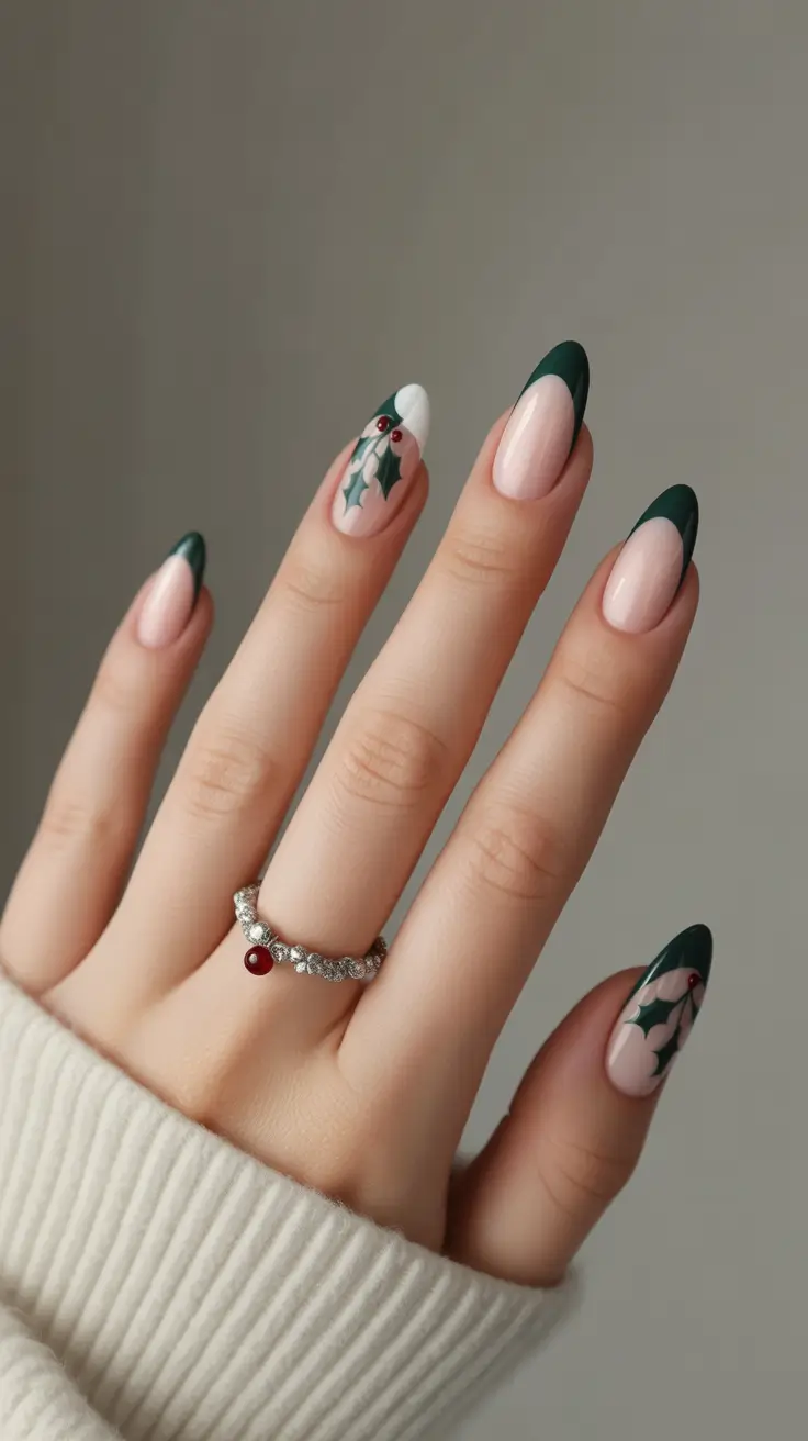 nails design 2026 Evergreen French With Holiday Botanical Accents