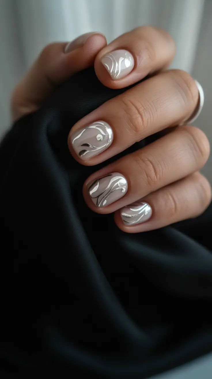 nails design 2026 Molten Chrome Swirls on Creamy Neutrals