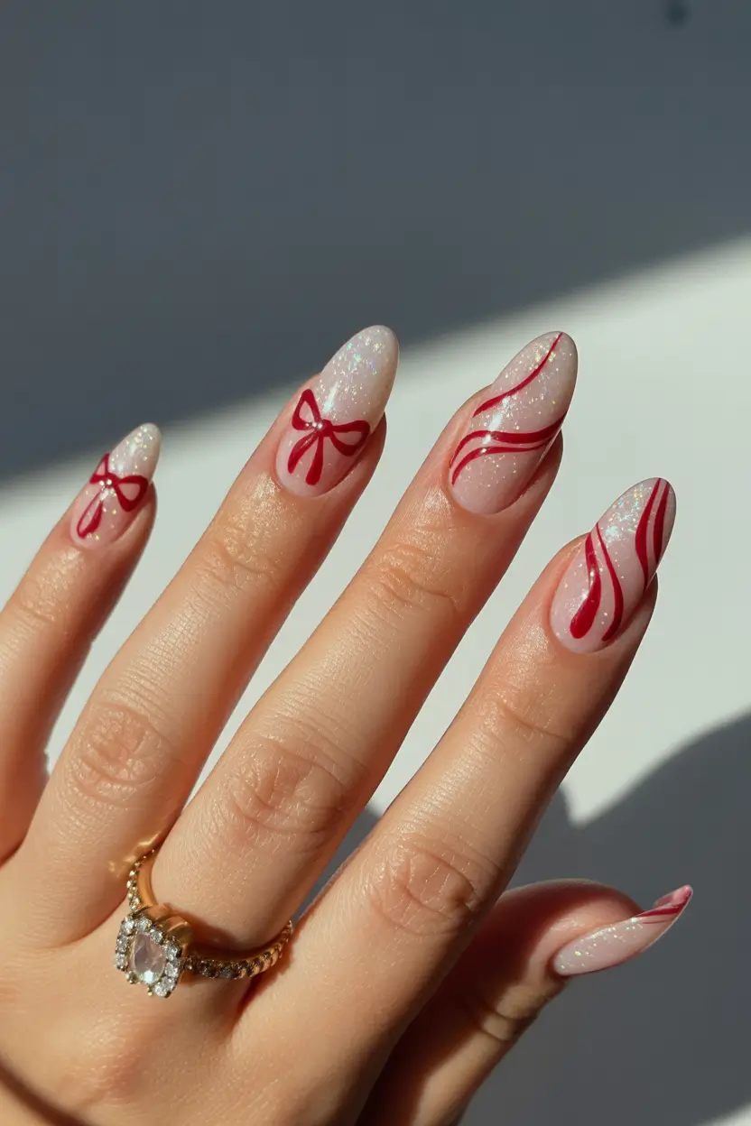 nails design 2026 Candy Ribbon Red on Sparkling Winter Pink