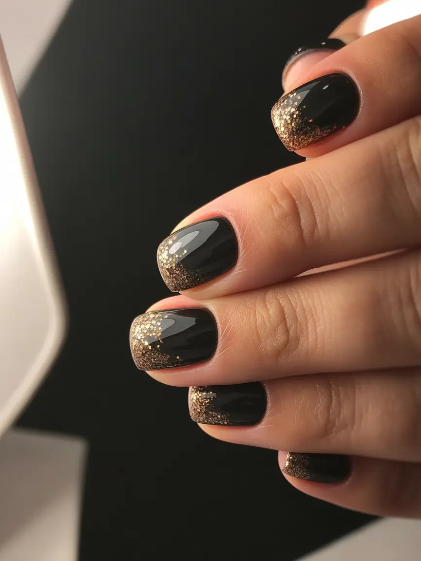 nails design 2026 Golden Frost Fade on Midnight Black