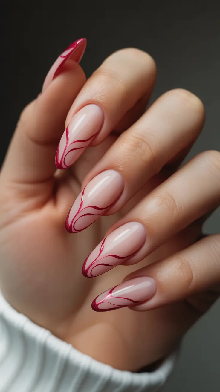 nails design 2026 Crimson Wave Art on Milky Almond Tips