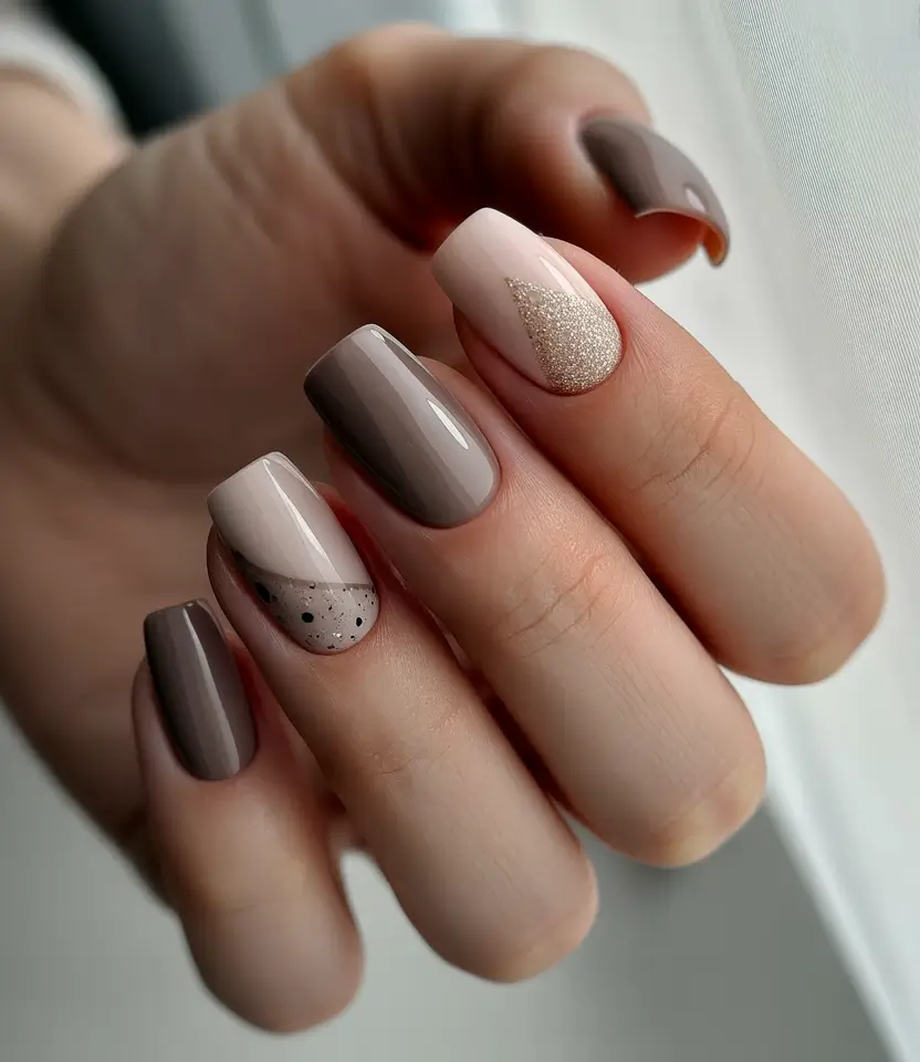nails design 2026 Soft Mocha Mix With Subtle Glitter Geometry