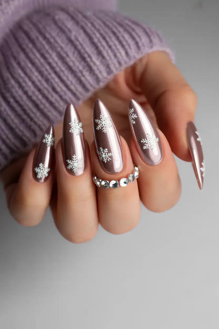 nails design 2026 Frosted Pink Snowflakes With Winter Shine