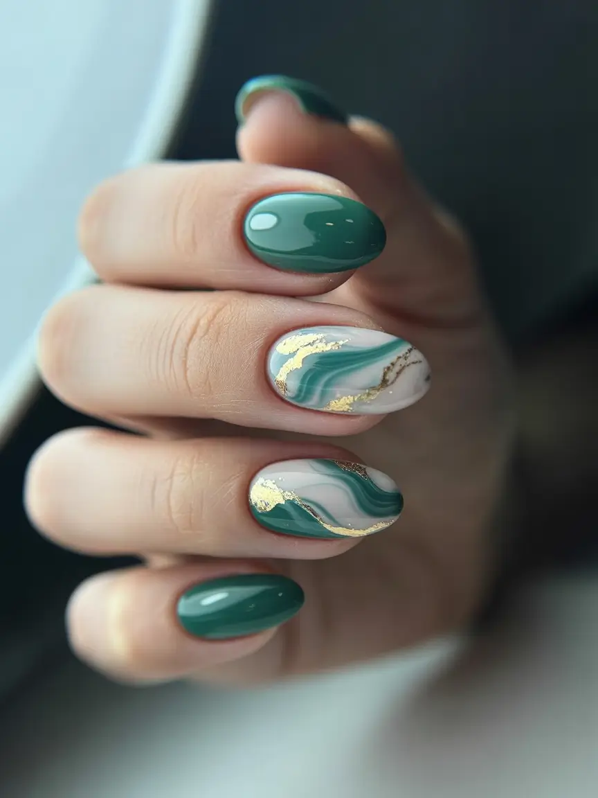 nails design 2026 Emerald Stone Art With Gold Veining