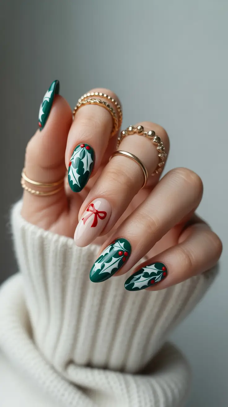 nails design 2026 Holiday Holly Green With Red Bow Accent