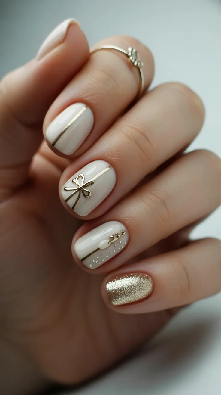 nails design 2026 Ivory Satin With Golden Accents