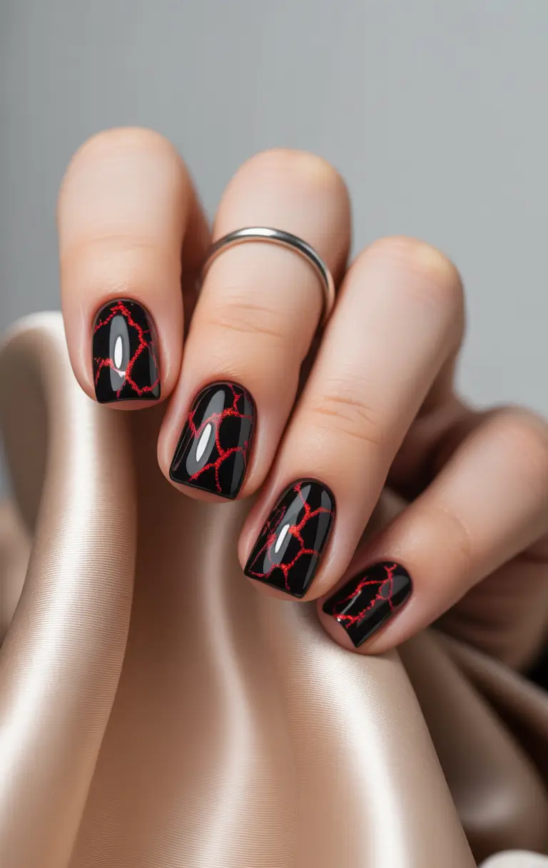 nails design 2026 Crimson Web on Midnight Black