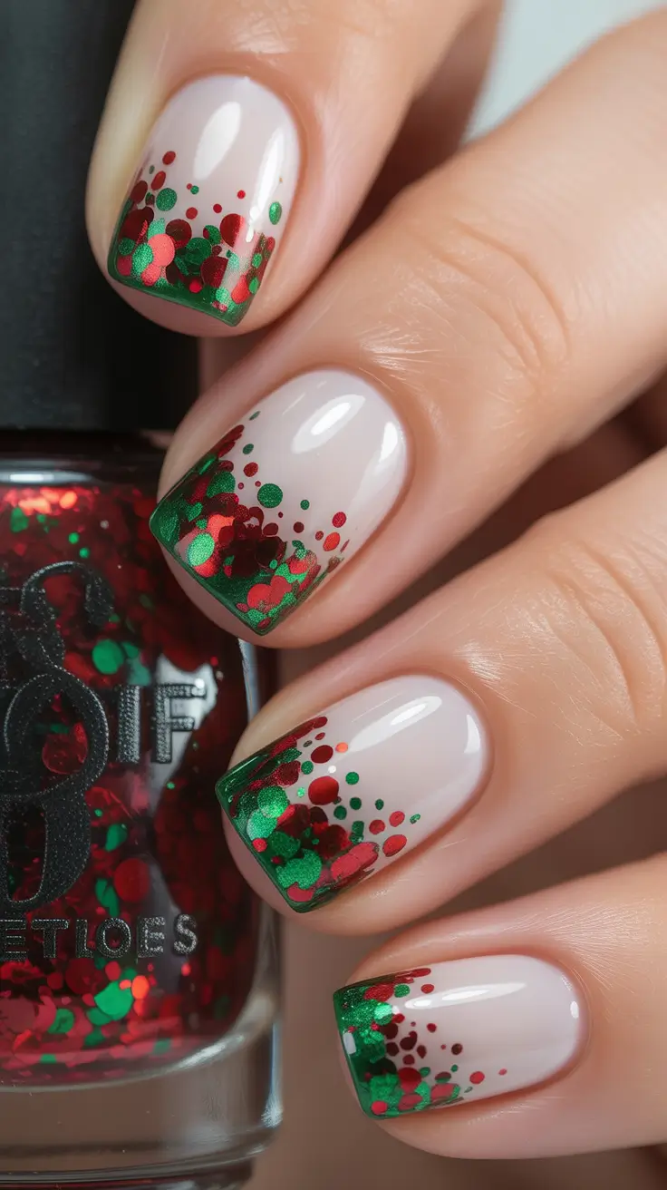 nails design 2026 Festive Green and Red Confetti French
