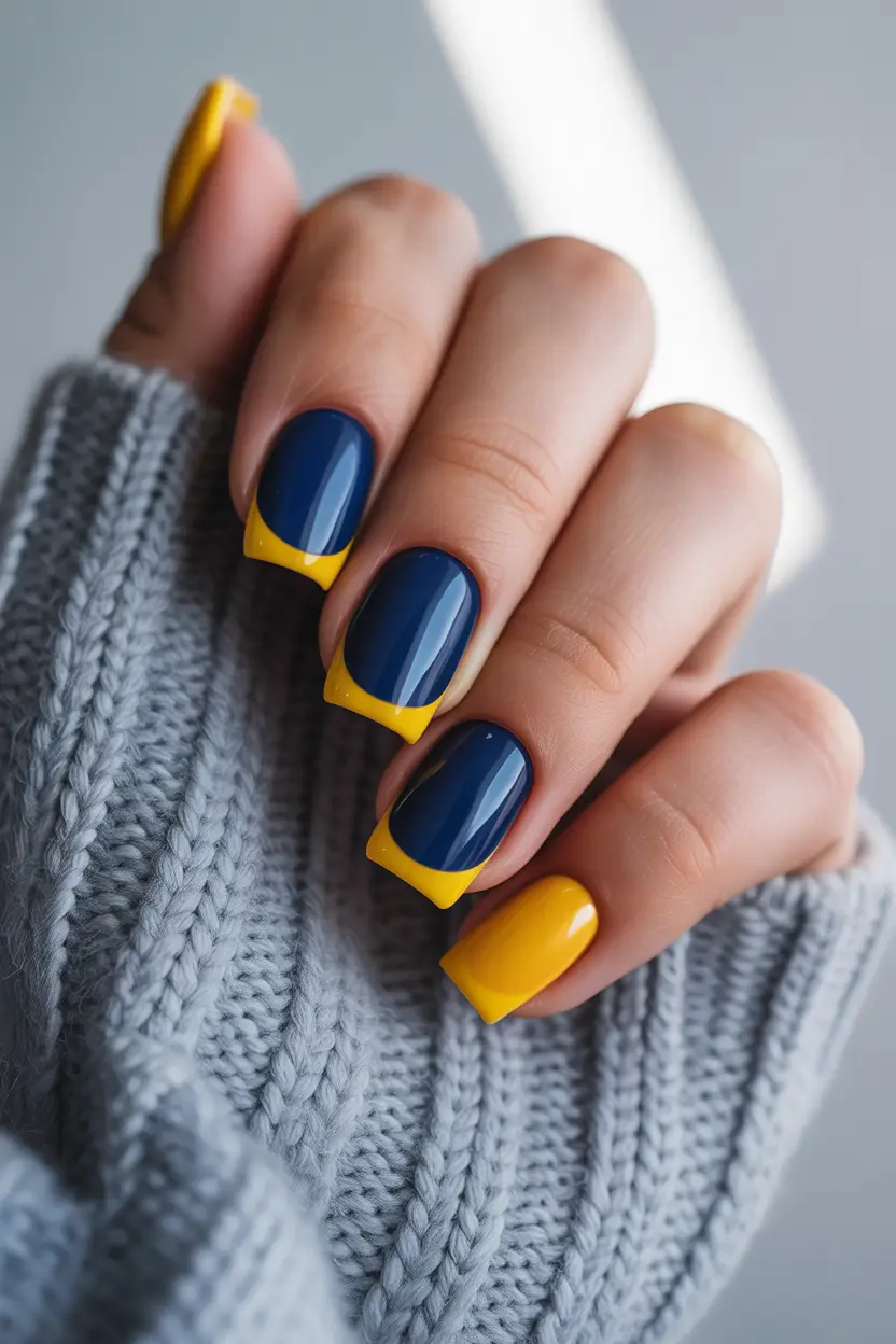 nails design 2026 Deep Blue and Golden Yellow French Energy