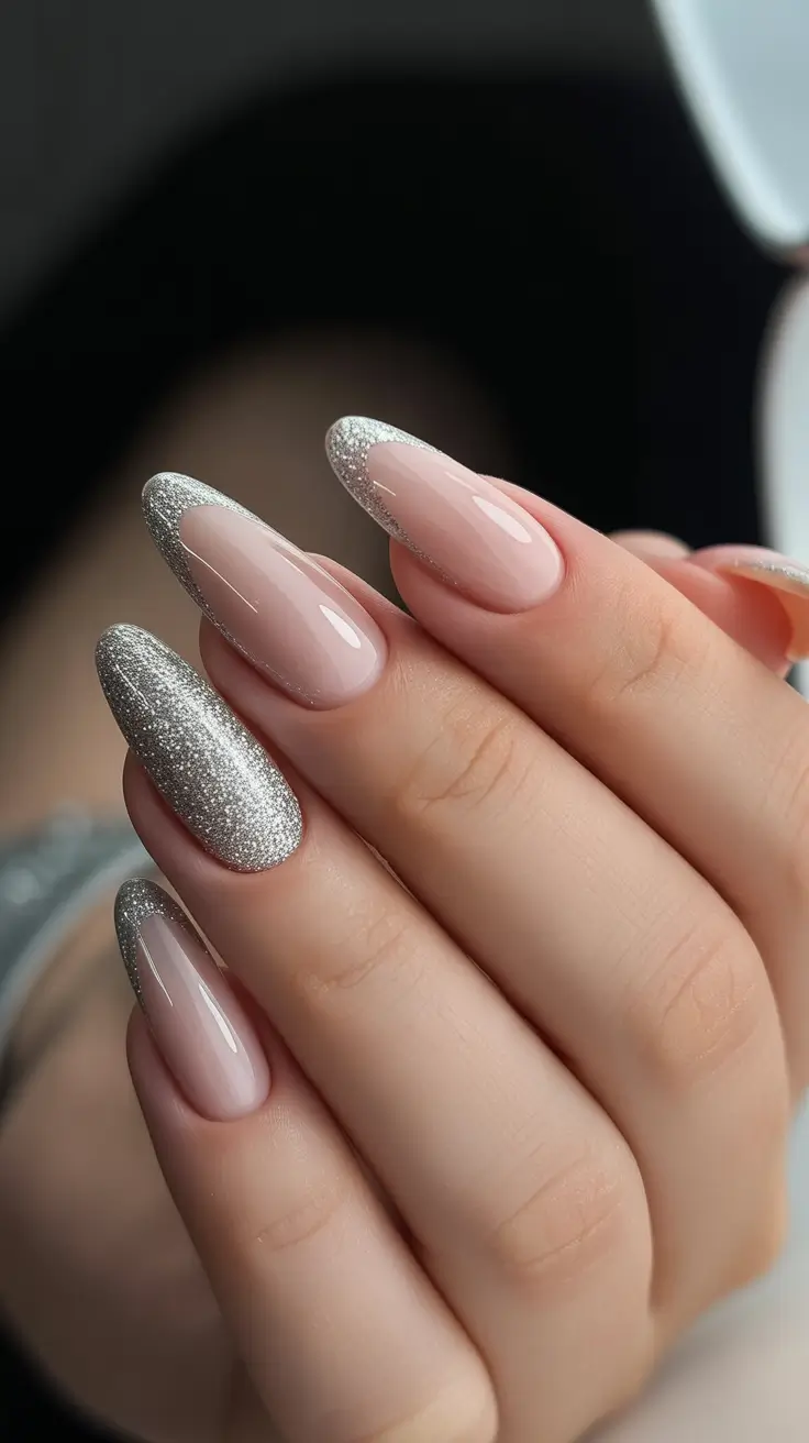 nails design 2026 Silver Frost Gradient on Almond Pink