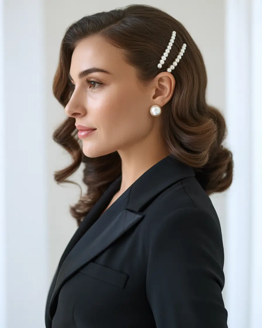 natural hairstyles for women 2026 Classic Side Waves with Pearl Accent