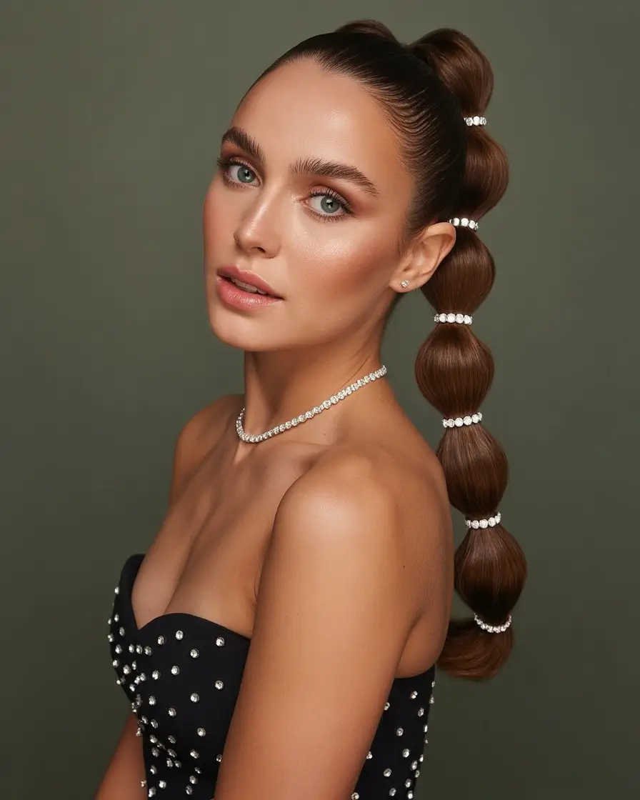 natural hairstyles for women 2026 Bubble Ponytail with Pearl Accents