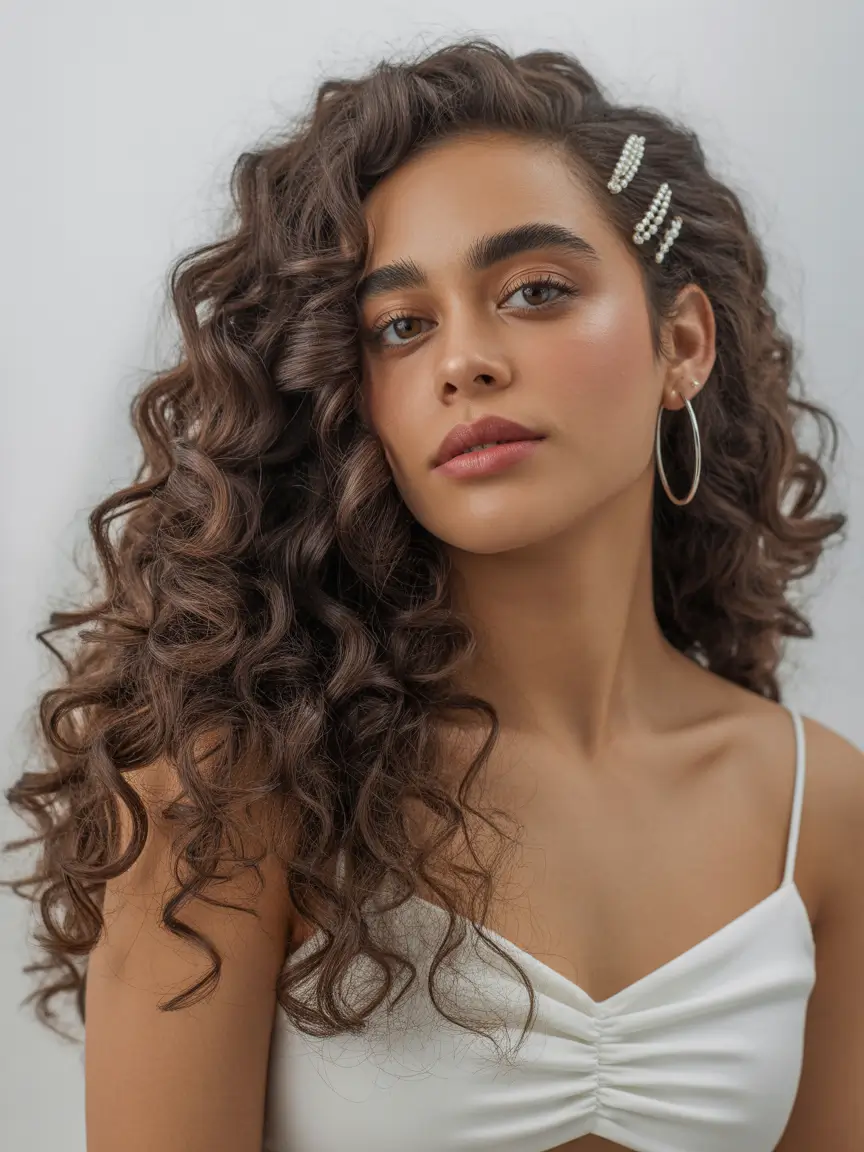 natural hairstyles for women 2026 Curly Volume with Pearl Barrette Detail