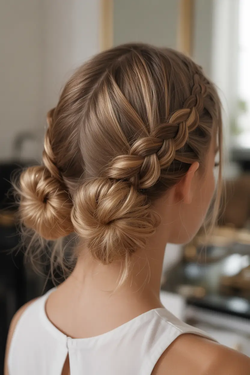 natural hairstyles for women 2026 Braided Dual Buns with Twisted Detail