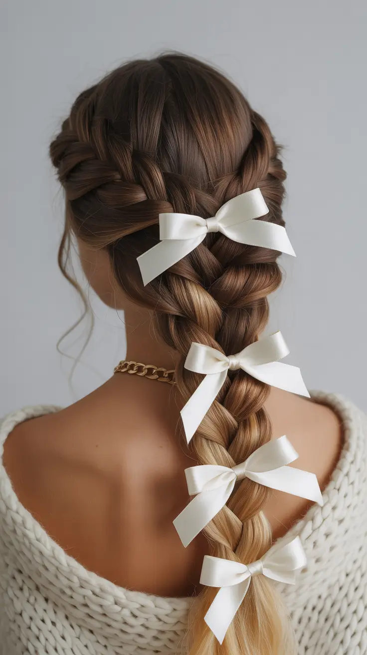 natural hairstyles for women 2026 Ribboned Cascade Braid with Soft Blonde Tips
