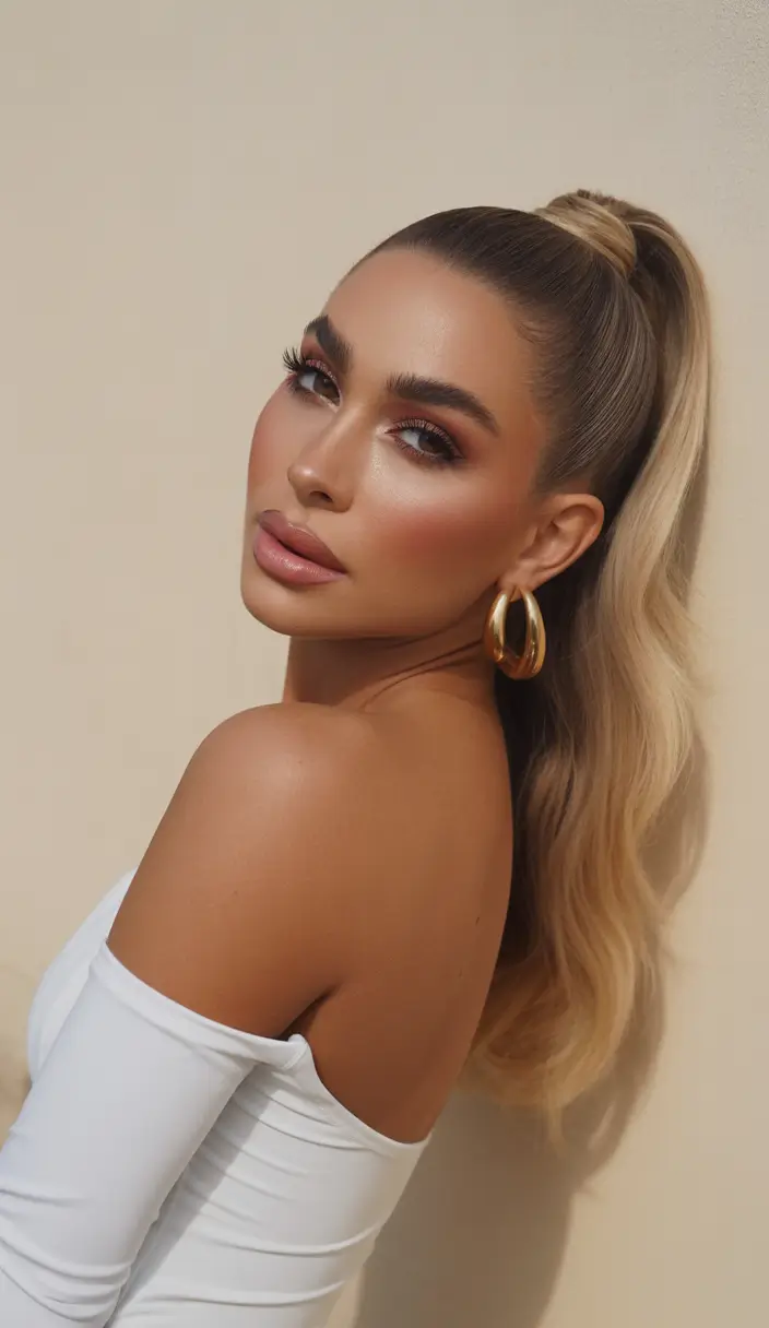 natural hairstyles for women 2026 Sleek Mid-High Ponytail with Soft Ombre Waves