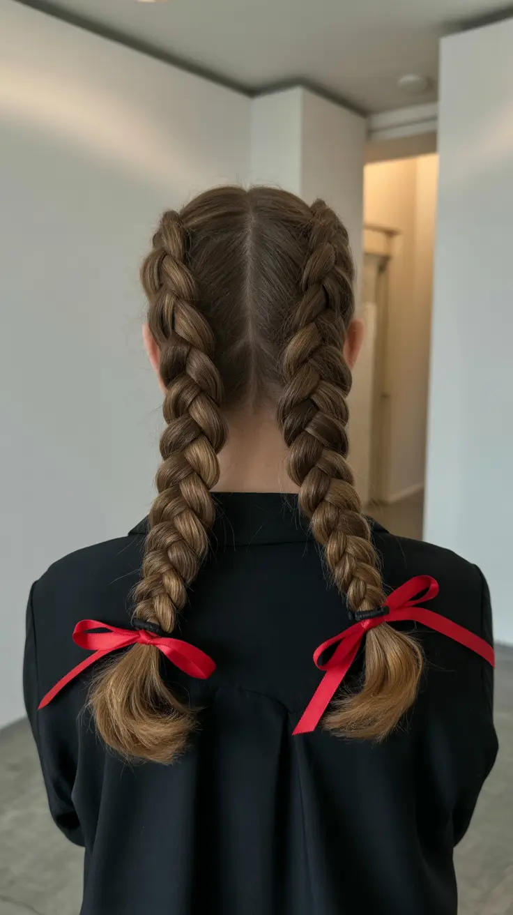 natural hairstyles for women 2026 Classic Twin Braids with Scarlet Ribbons