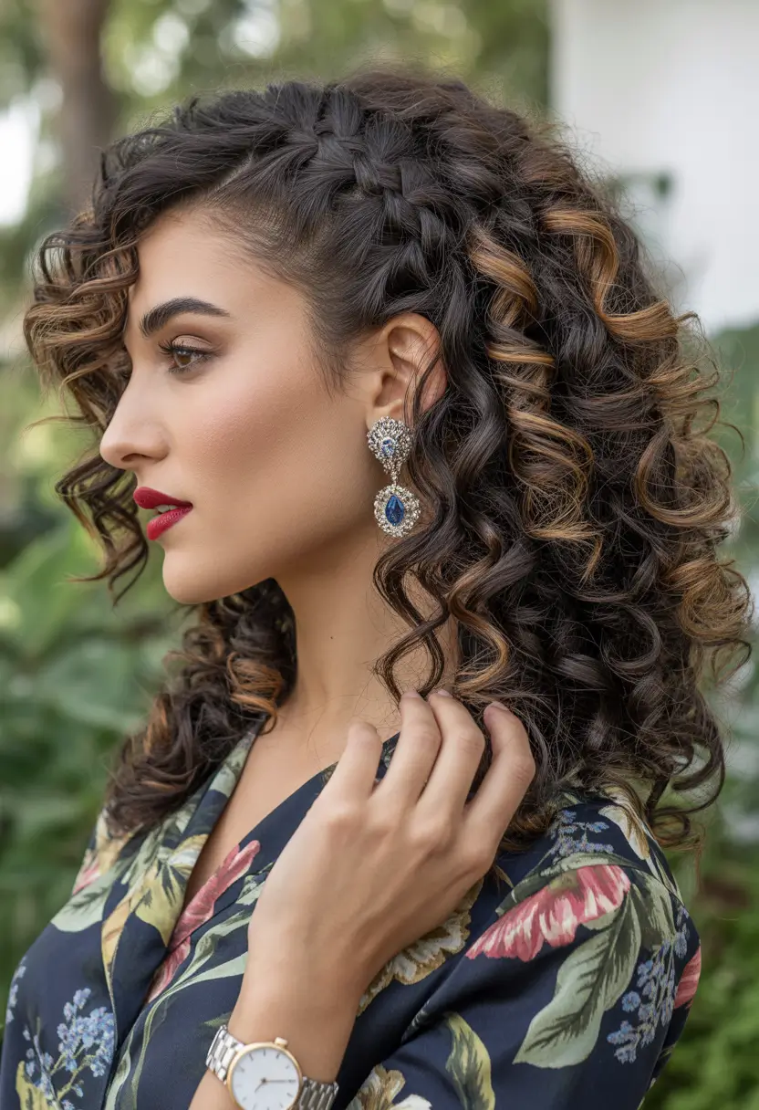 natural hairstyles for women 2026 Side Swept Curly Braid with Golden Highlights