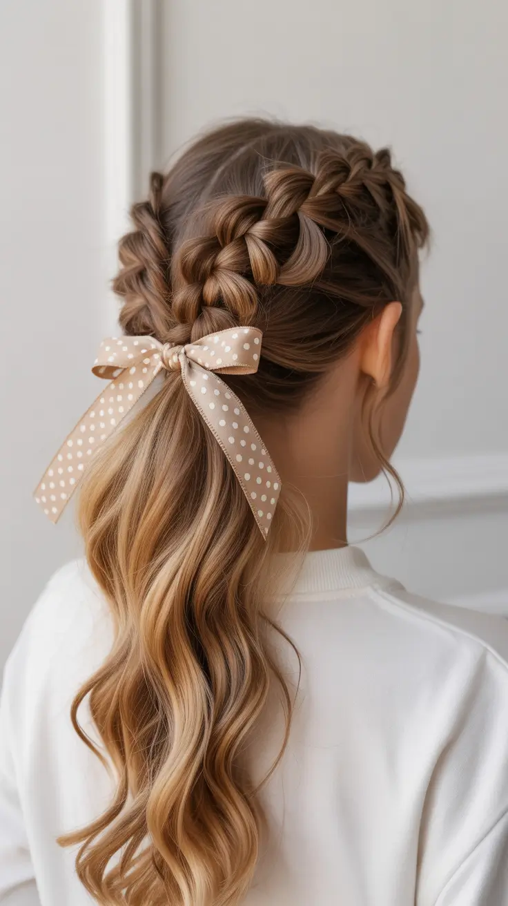 natural hairstyles for women 2026 Double Crown Braids with a Soft Ribbon Tie