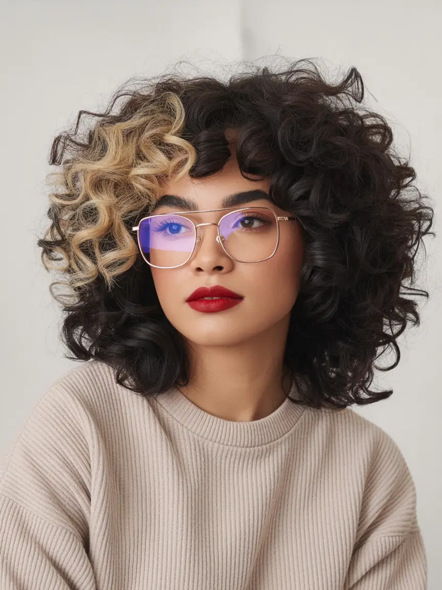 natural hairstyles for women 2026 Curly Volume Cut with Blonde Accent Highlight