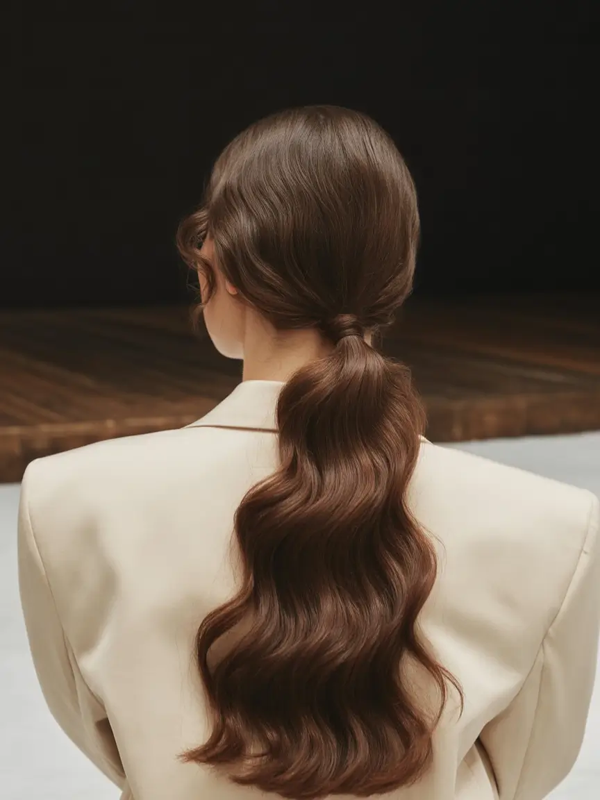 natural hairstyles for women 2026 Elegant Low Wave Tail with Deep Glossy Finish