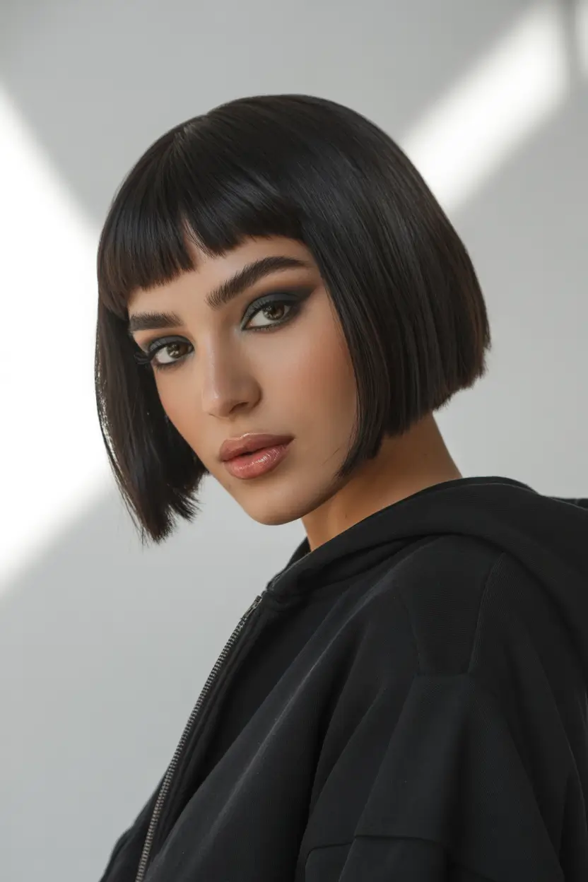 bangs-hairstyles Glossy Blunt Bob With Petite Micro Fringe