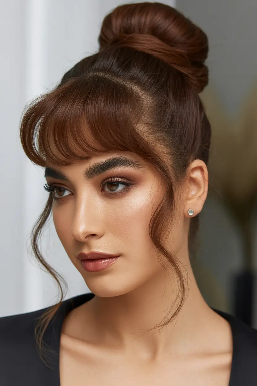 bangs-hairstyles Soft Updo With Curled Wispy Fringe Tendrils