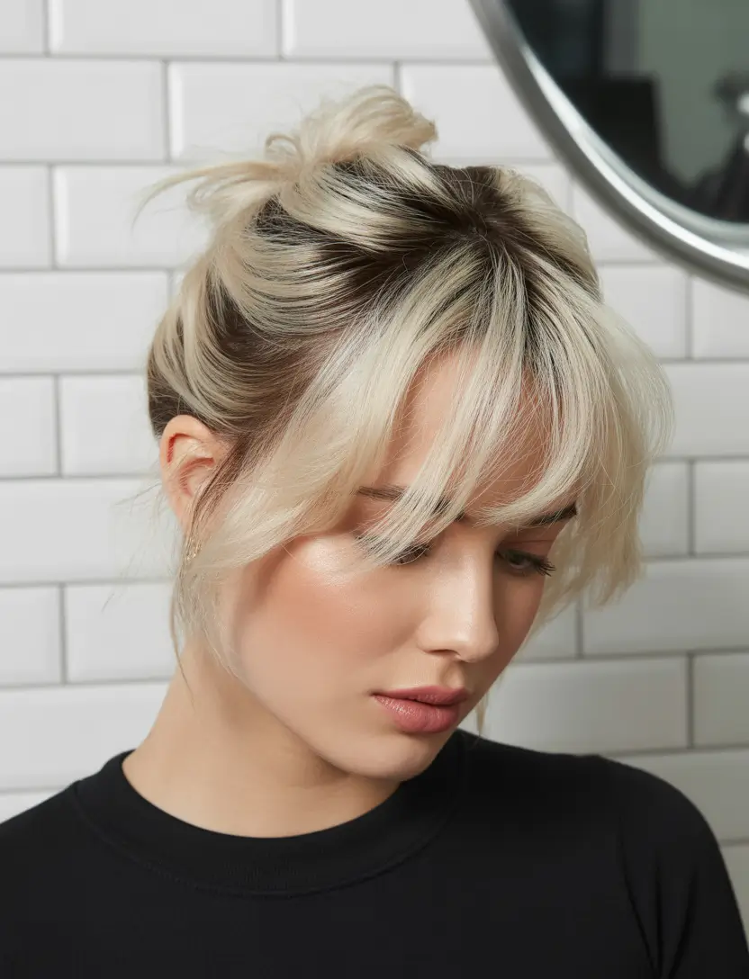 bangs-hairstyles Messy Blonde Updo With Wispy Curtain Fringe