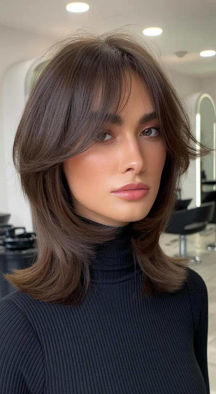 bangs-hairstyles Layered Medium Hair With Flowy Curtain Bangs