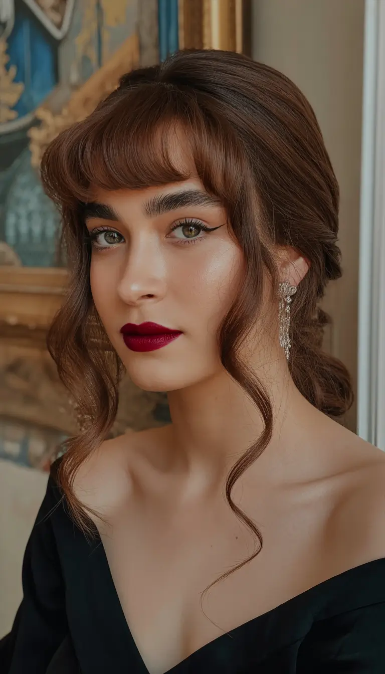 bangs-hairstyles Elegant Low Updo With Sculpted Curly Fringe