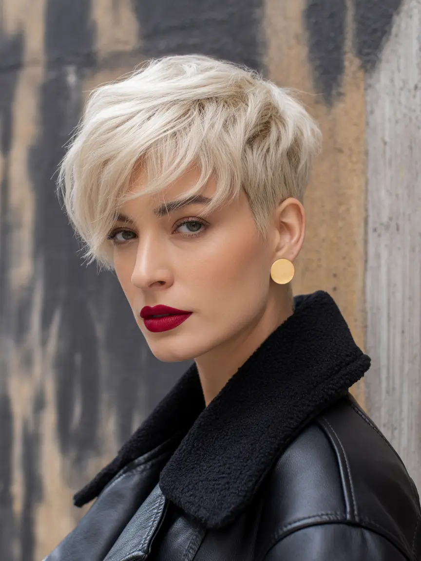 bangs-hairstyles Platinum Pixie With Choppy Textured Fringe