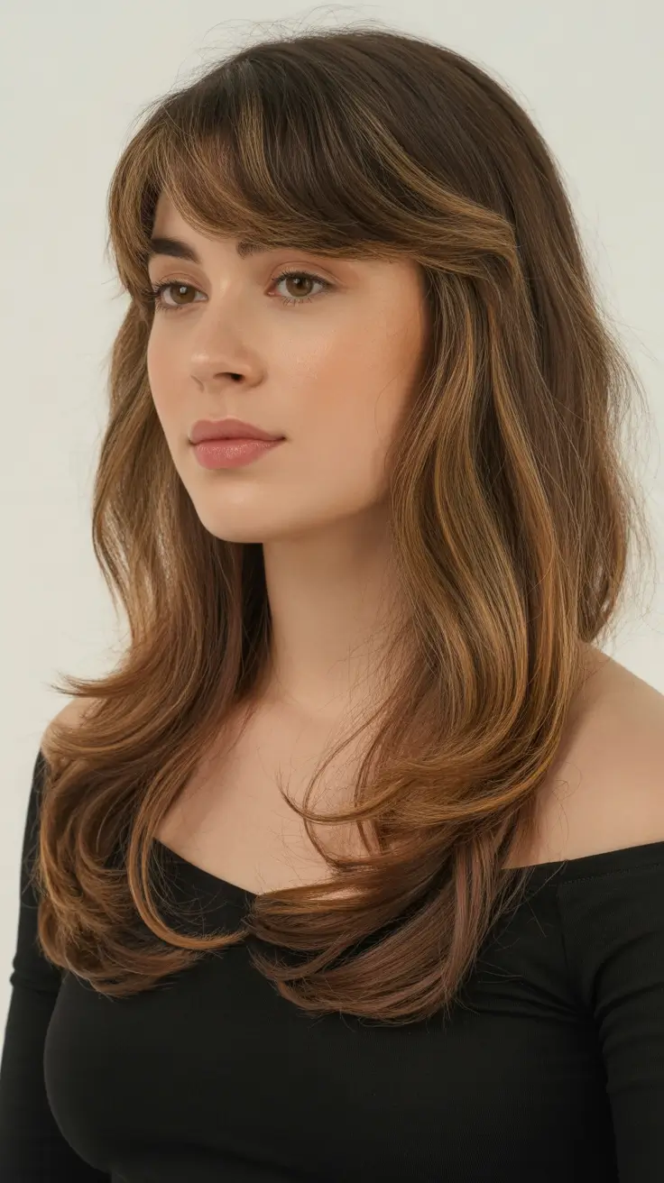 bangs-hairstyles Softly Layered Honey Brunette With Wispy Side Fringe