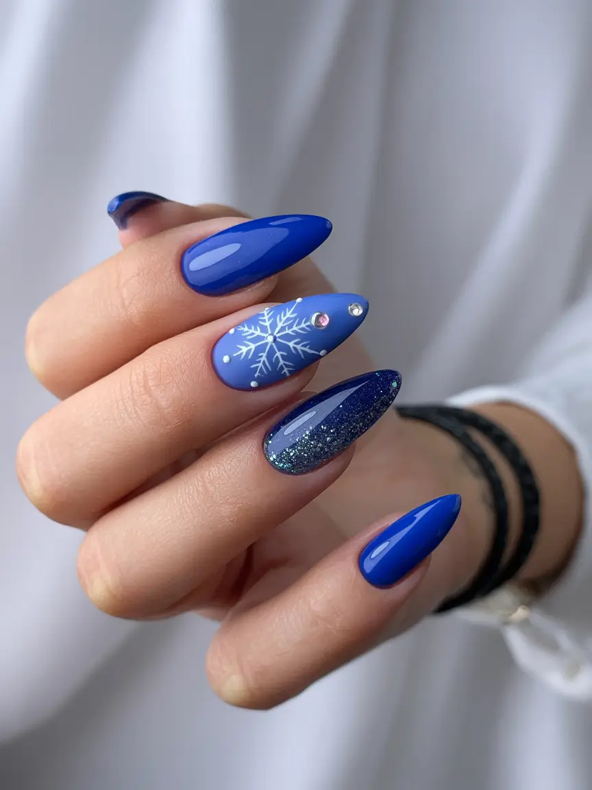 new blue nails ideas 2026 Frosted Sapphire Almond Glow
