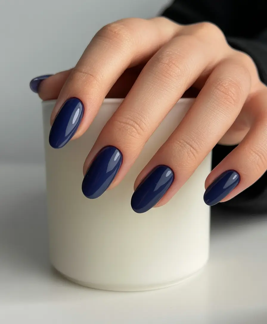 new blue nails ideas 2026 Classic Deep Navy Almond Elegance