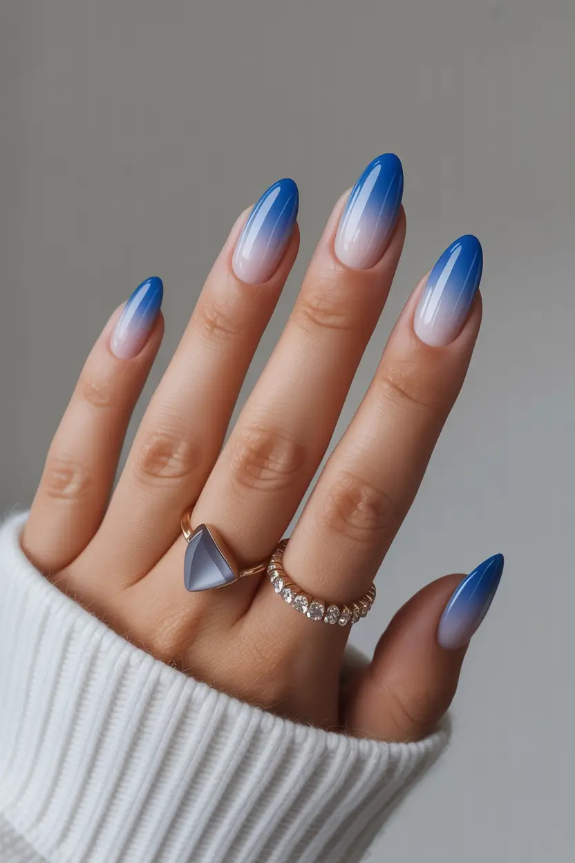 new blue nails ideas 2026 Royal Ice Fade Almond