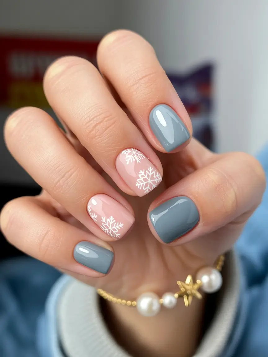 new blue nails ideas 2026 Soft Gray Blue Snowflake Shortie