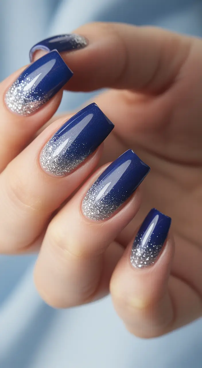 new blue nails ideas 2026 Silver Frosted Navy Square Elegance