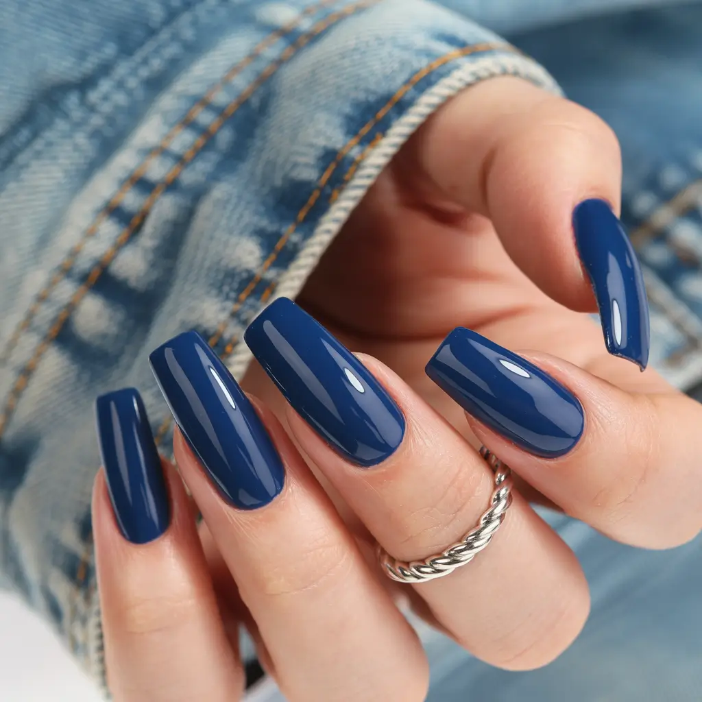 new blue nails ideas 2026 Denim Deep Blue Square Classic