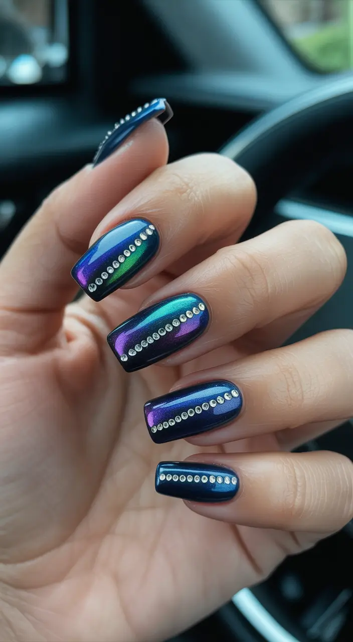 new blue nails ideas 2026 Midnight Chrome Square Luxe