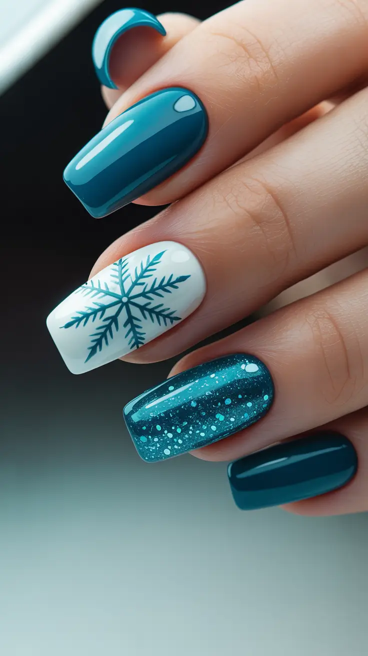 new blue nails ideas 2026 Teal Snowfall Winter Mix