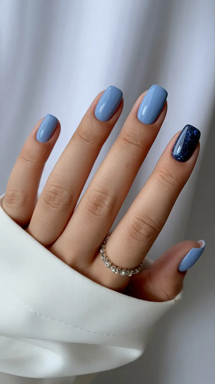 new blue nails ideas 2026 Soft Glacier Blue with Midnight Accent