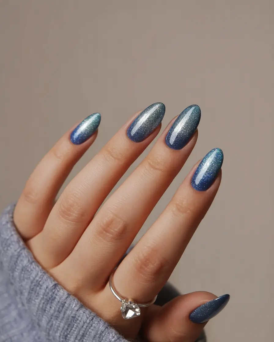 new blue nails ideas 2026 Blue Silver Gradient Shimmer Almond