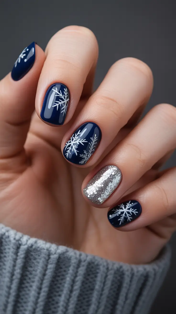 new blue nails ideas 2026 Navy Snowflake Sparkle Mix