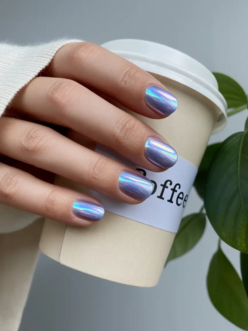 new blue nails ideas 2026 Opalescent Holographic Blue Shine