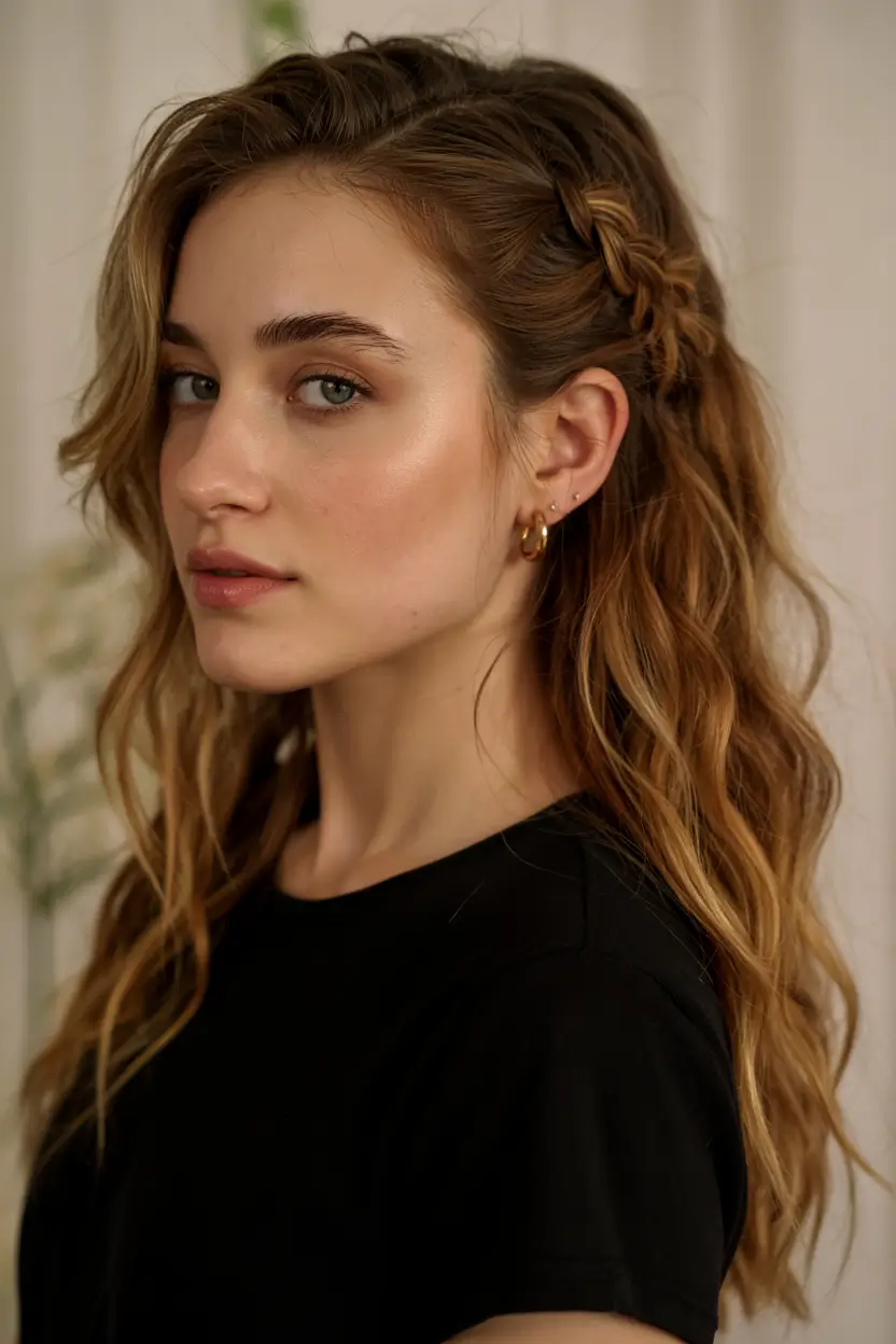 cute hairstyles Soft Braided Waves with Natural Glow
